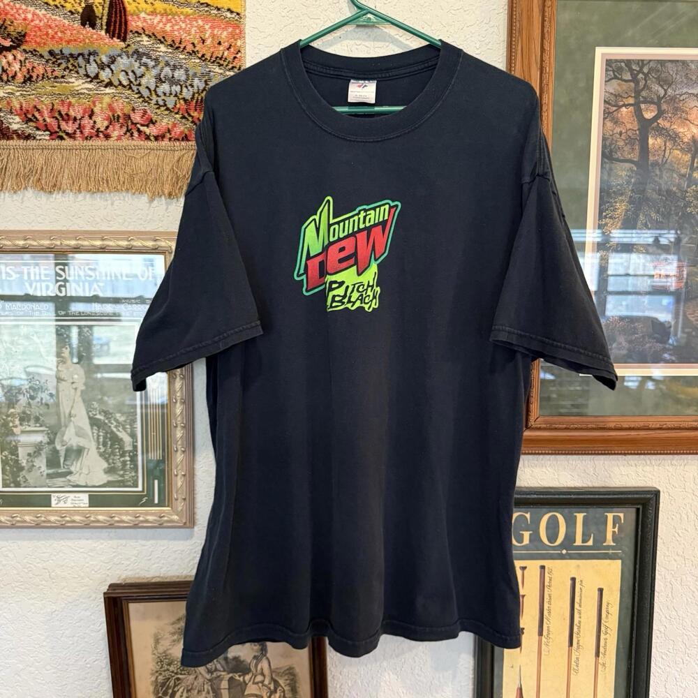 Vintage 00s RARE Mountain Dew Pitch Black Halloween Logo Soda Drink Shirt Sz 2XL